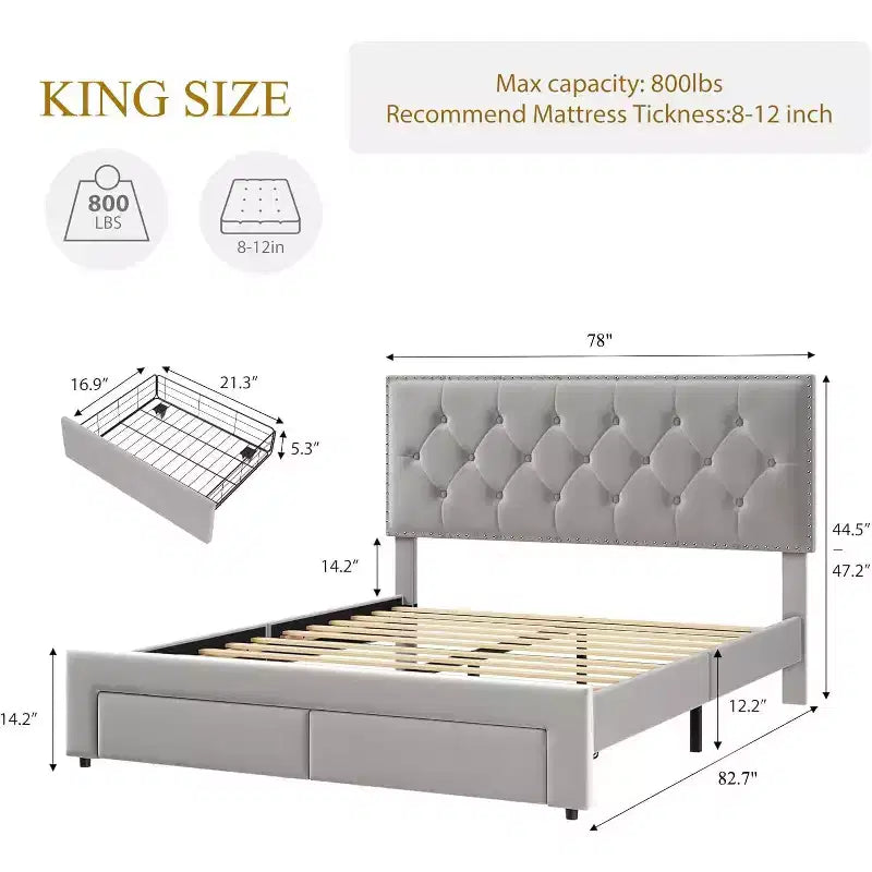 Bed Frame with 2 Storage Drawers,Vintage Velvet Headboard Wooden & Metal Bedframe,Wooden Slat Support, Noise Free, No Box Spring Needed