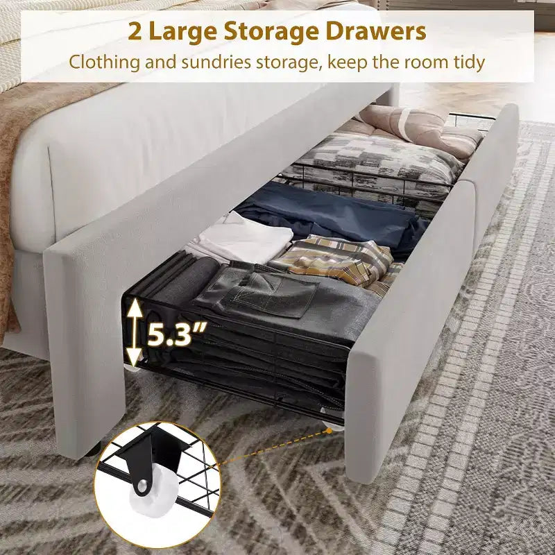 Bed Frame with 2 Storage Drawers,Vintage Velvet Headboard Wooden & Metal Bedframe,Wooden Slat Support, Noise Free, No Box Spring Needed