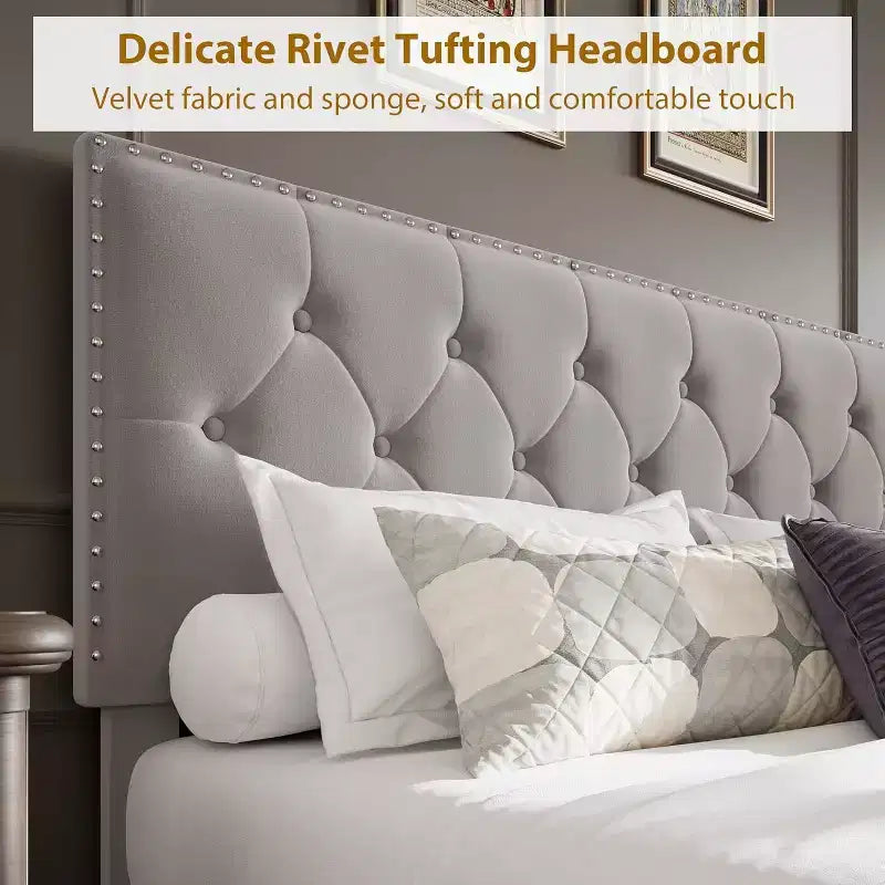 Bed Frame with 2 Storage Drawers,Vintage Velvet Headboard Wooden & Metal Bedframe,Wooden Slat Support, Noise Free, No Box Spring Needed