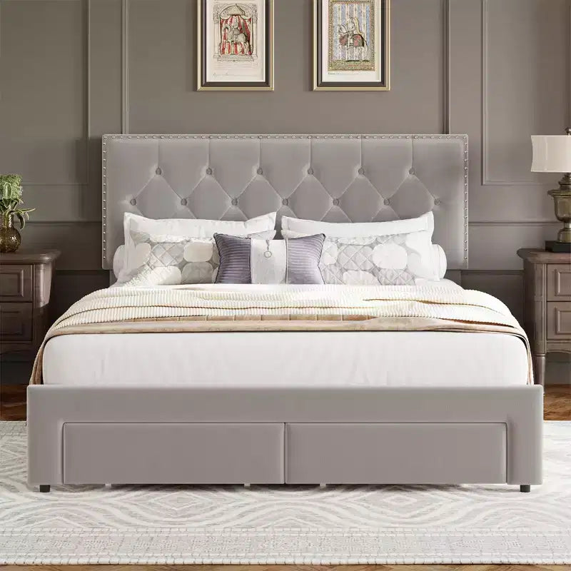 Bed Frame with 2 Storage Drawers,Vintage Velvet Headboard Wooden & Metal Bedframe,Wooden Slat Support, Noise Free, No Box Spring Needed