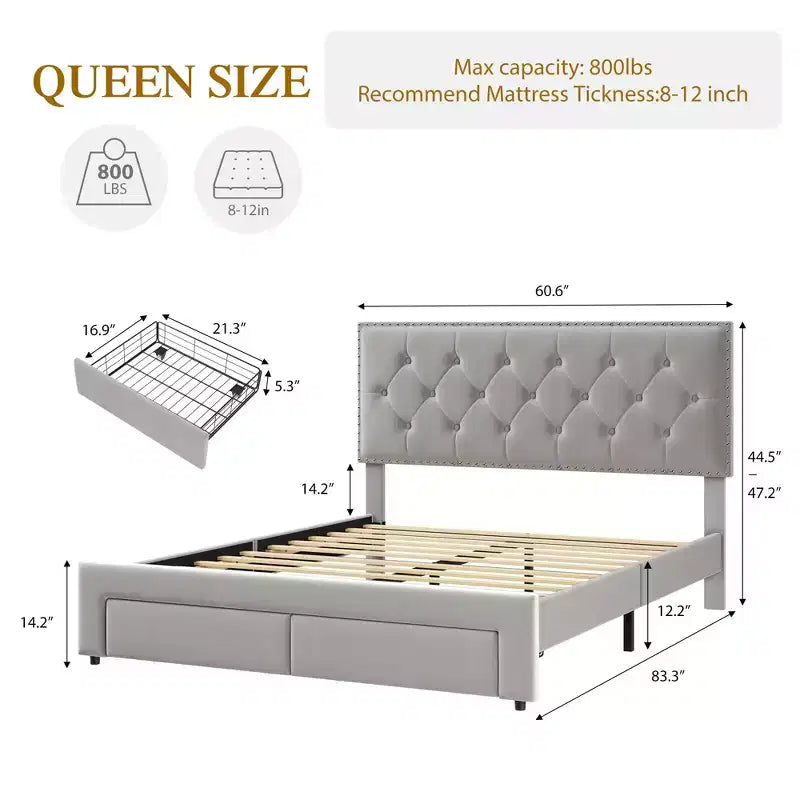 Bed Frame with 2 Storage Drawers,Vintage Velvet Headboard Wooden & Metal Bedframe,Wooden Slat Support, Noise Free, No Box Spring Needed