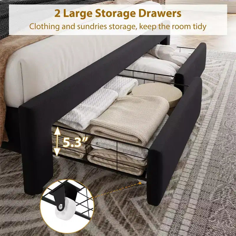 Bed Frame with 2 Storage Drawers,Vintage Velvet Headboard Wooden & Metal Bedframe,Wooden Slat Support, Noise Free, No Box Spring Needed