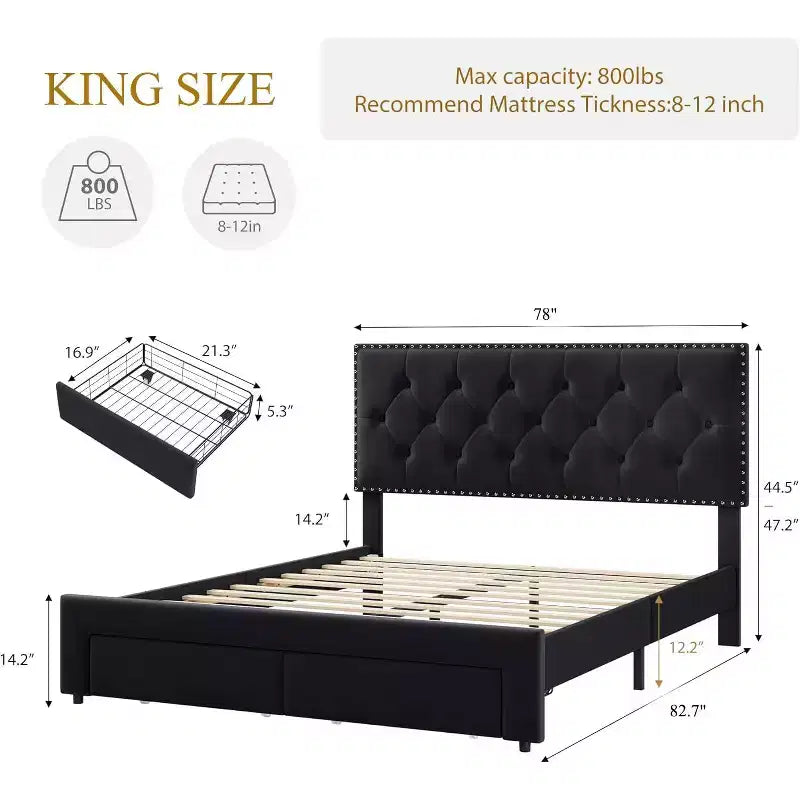 Bed Frame with 2 Storage Drawers,Vintage Velvet Headboard Wooden & Metal Bedframe,Wooden Slat Support, Noise Free, No Box Spring Needed