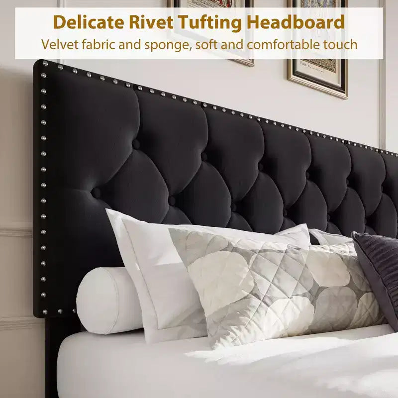 Bed Frame with 2 Storage Drawers,Vintage Velvet Headboard Wooden & Metal Bedframe,Wooden Slat Support, Noise Free, No Box Spring Needed