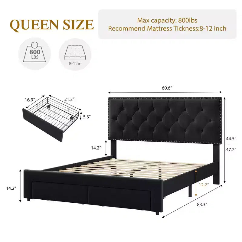 Bed Frame with 2 Storage Drawers,Vintage Velvet Headboard Wooden & Metal Bedframe,Wooden Slat Support, Noise Free, No Box Spring Needed