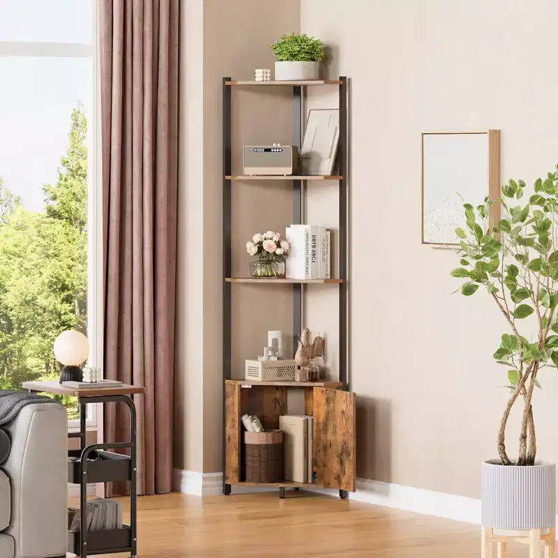 5-Tier Tall Corner Shelf, 58" Corner Display Cabinet with Solid Wood Shelves