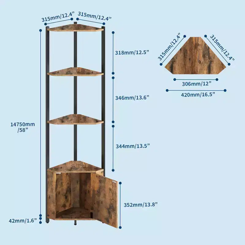 5-Tier Tall Corner Shelf, 58" Corner Display Cabinet with Solid Wood Shelves