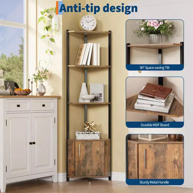 5-Tier Tall Corner Shelf, 58" Corner Display Cabinet with Solid Wood Shelves