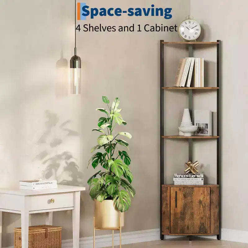 5-Tier Tall Corner Shelf, 58" Corner Display Cabinet with Solid Wood Shelves