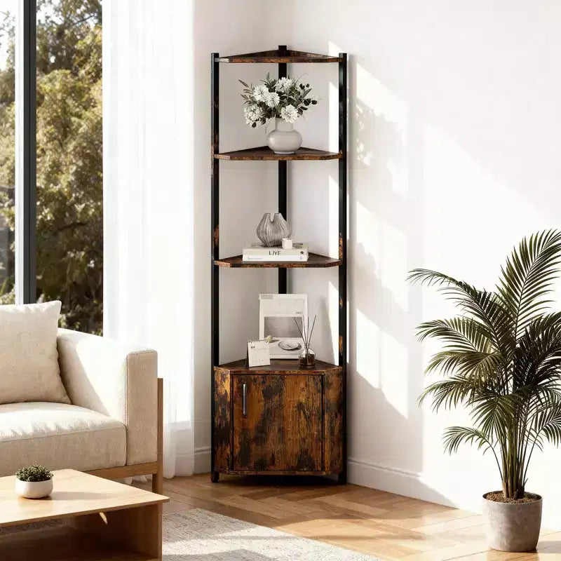 5-Tier Tall Corner Shelf, 58" Corner Display Cabinet with Solid Wood Shelves