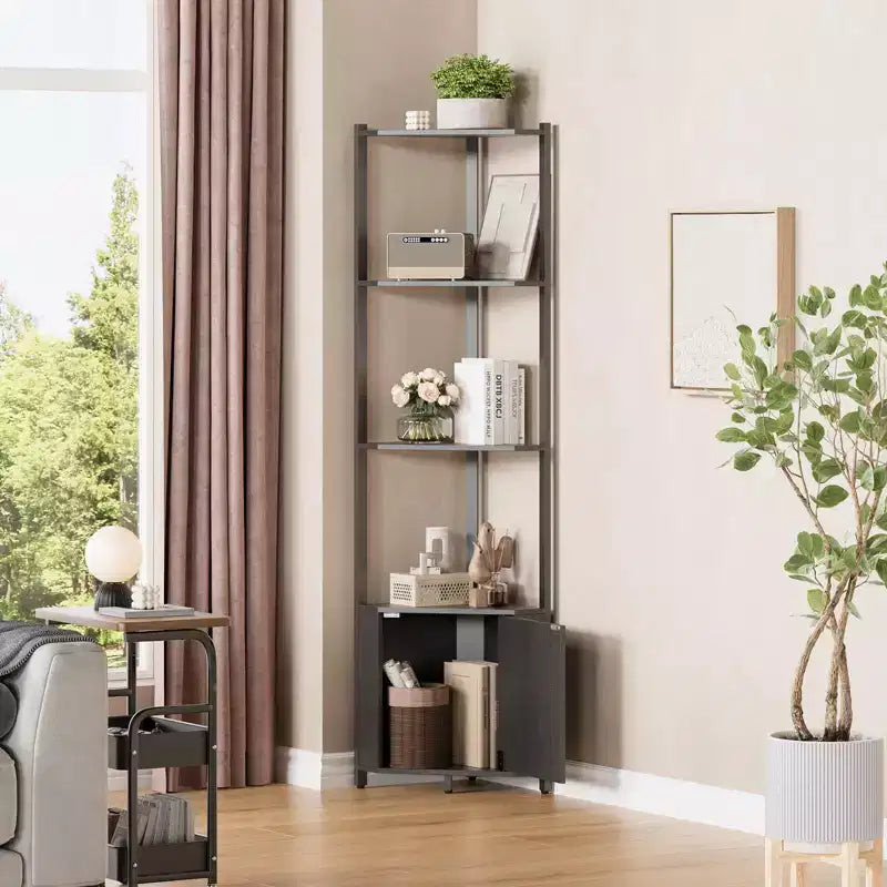 5-Tier Tall Corner Shelf, 58" Corner Display Cabinet with Solid Wood Shelves