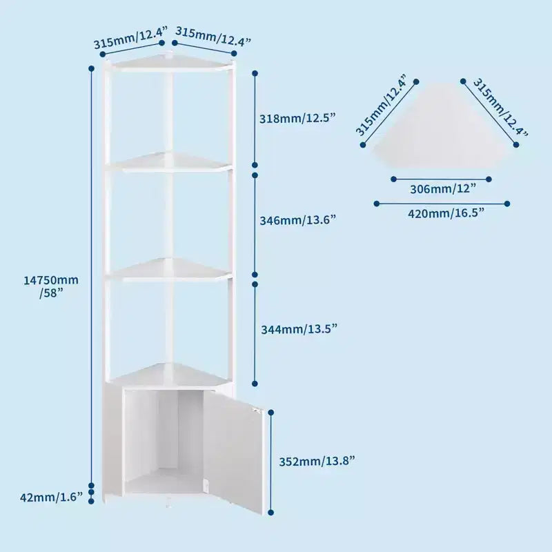 5-Tier Tall Corner Shelf, 58" Corner Display Cabinet with Solid Wood Shelves