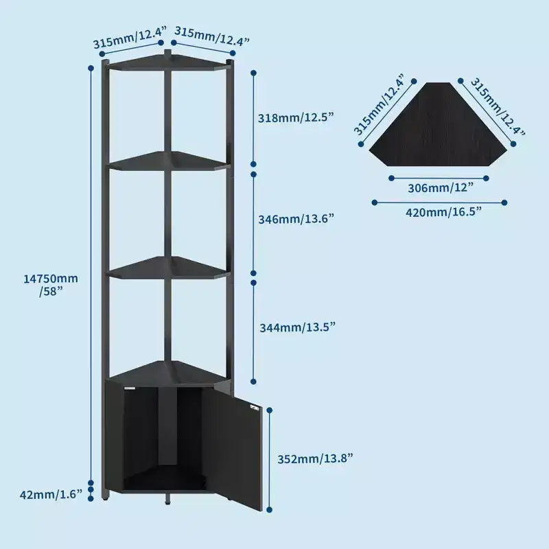 5-Tier Tall Corner Shelf, 58" Corner Display Cabinet with Solid Wood Shelves