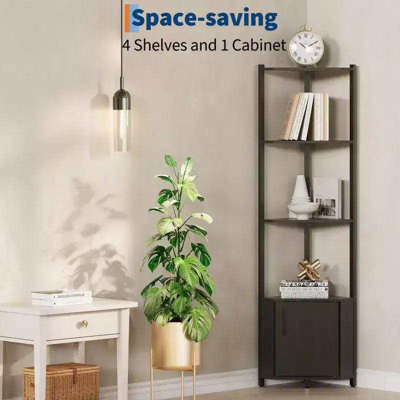 5-Tier Tall Corner Shelf, 58" Corner Display Cabinet with Solid Wood Shelves