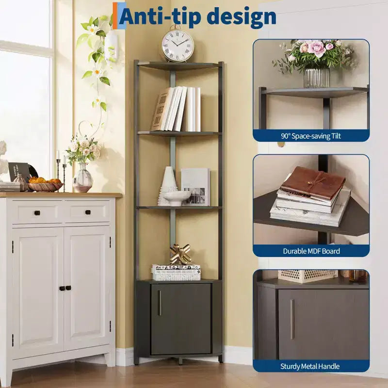 5-Tier Tall Corner Shelf, 58" Corner Display Cabinet with Solid Wood Shelves