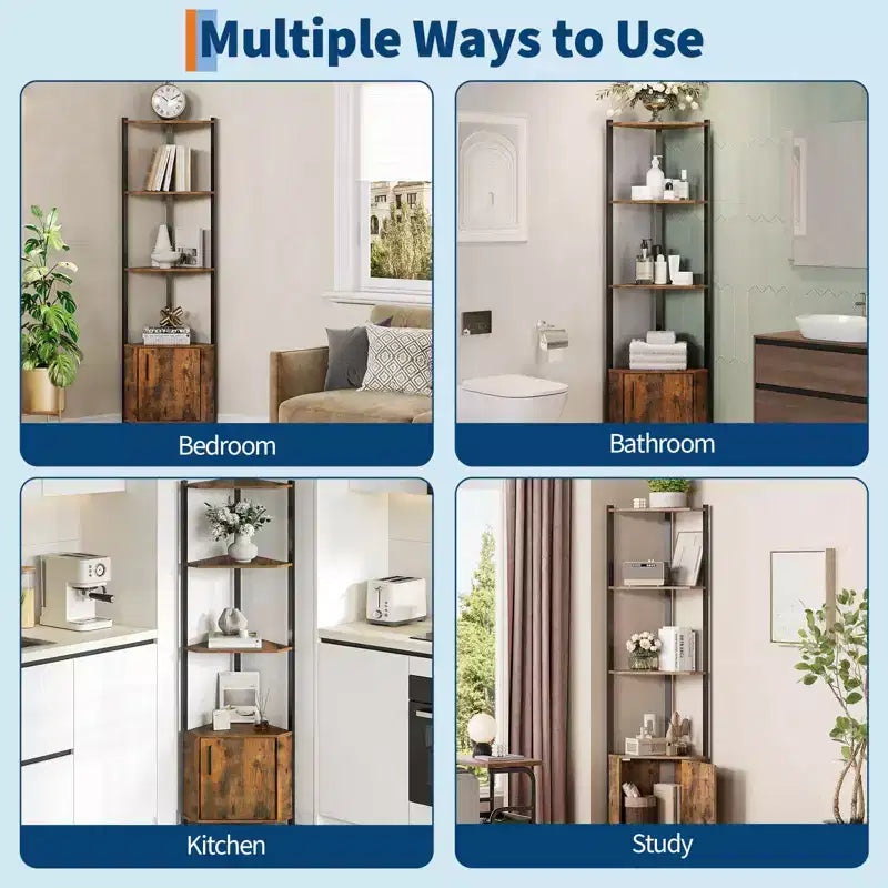 5-Tier Tall Corner Shelf, 58" Corner Display Cabinet with Solid Wood Shelves