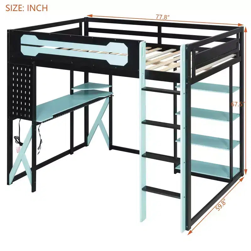 Full Wood Loft Bed Frame with Desk, Shelves, Power Outlet & USB/Type-C Ports