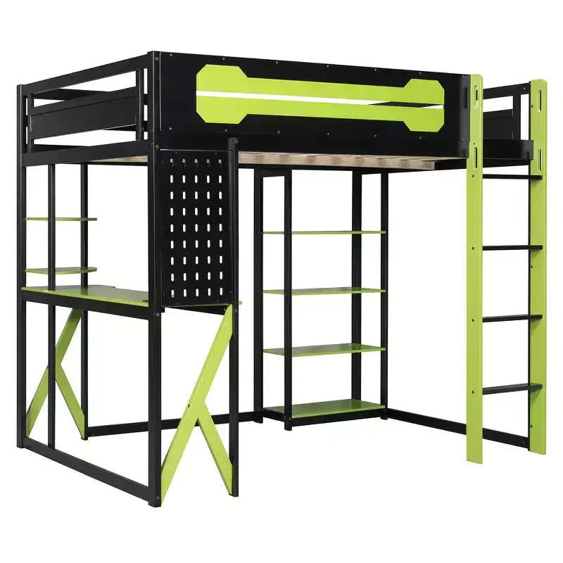 Full Wood Loft Bed Frame with Desk, Shelves, Power Outlet & USB/Type-C Ports
