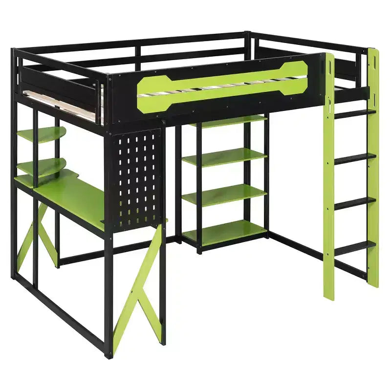 Full Wood Loft Bed Frame with Desk, Shelves, Power Outlet & USB/Type-C Ports