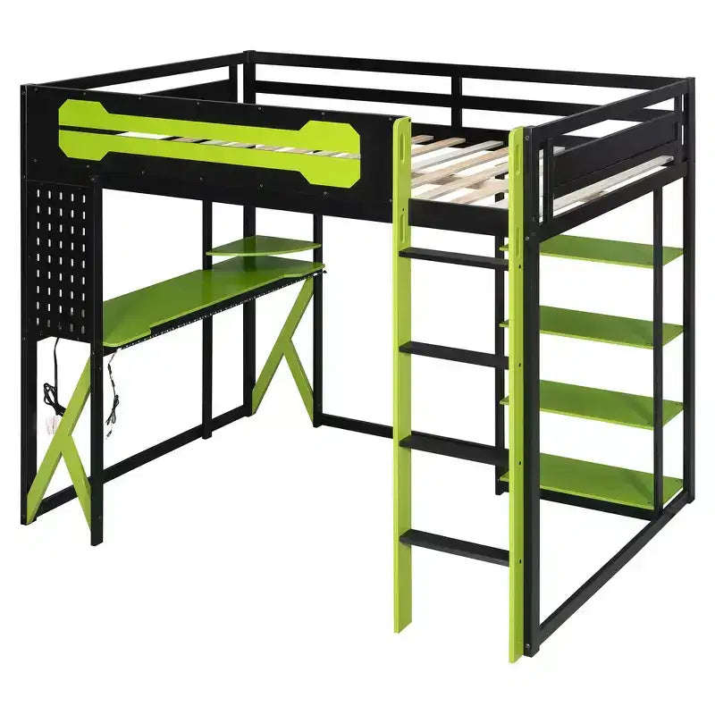 Full Wood Loft Bed Frame with Desk, Shelves, Power Outlet & USB/Type-C Ports