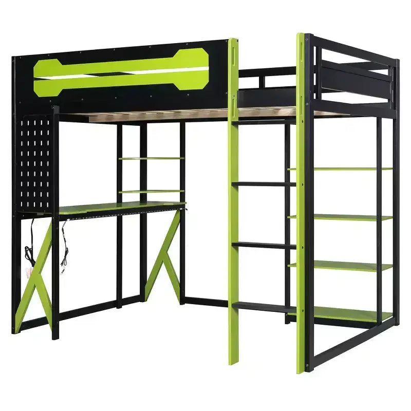 Full Wood Loft Bed Frame with Desk, Shelves, Power Outlet & USB/Type-C Ports