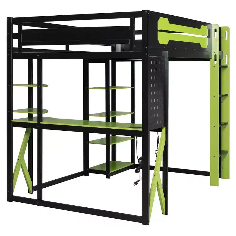 Full Wood Loft Bed Frame with Desk, Shelves, Power Outlet & USB/Type-C Ports