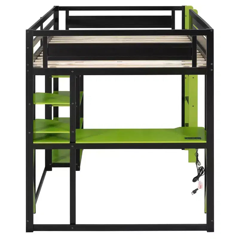 Full Wood Loft Bed Frame with Desk, Shelves, Power Outlet & USB/Type-C Ports