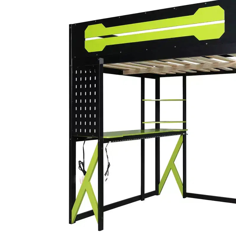 Full Wood Loft Bed Frame with Desk, Shelves, Power Outlet & USB/Type-C Ports