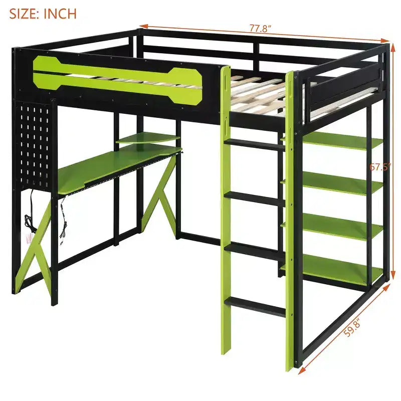 Full Wood Loft Bed Frame with Desk, Shelves, Power Outlet & USB/Type-C Ports
