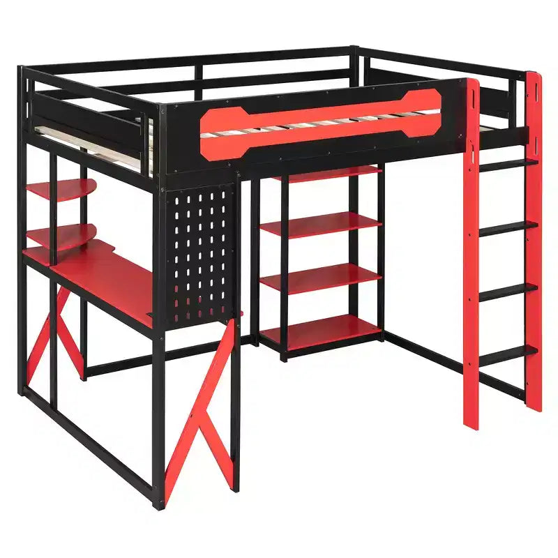 Full Wood Loft Bed Frame with Desk, Shelves, Power Outlet & USB/Type-C Ports