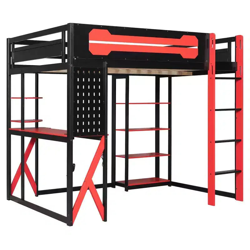 Full Wood Loft Bed Frame with Desk, Shelves, Power Outlet & USB/Type-C Ports