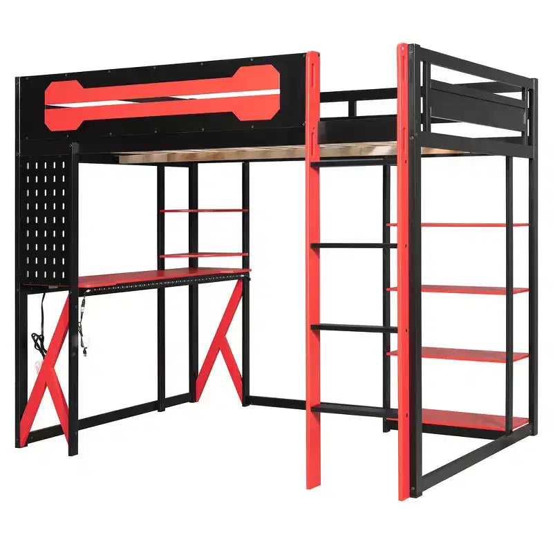 Full Wood Loft Bed Frame with Desk, Shelves, Power Outlet & USB/Type-C Ports