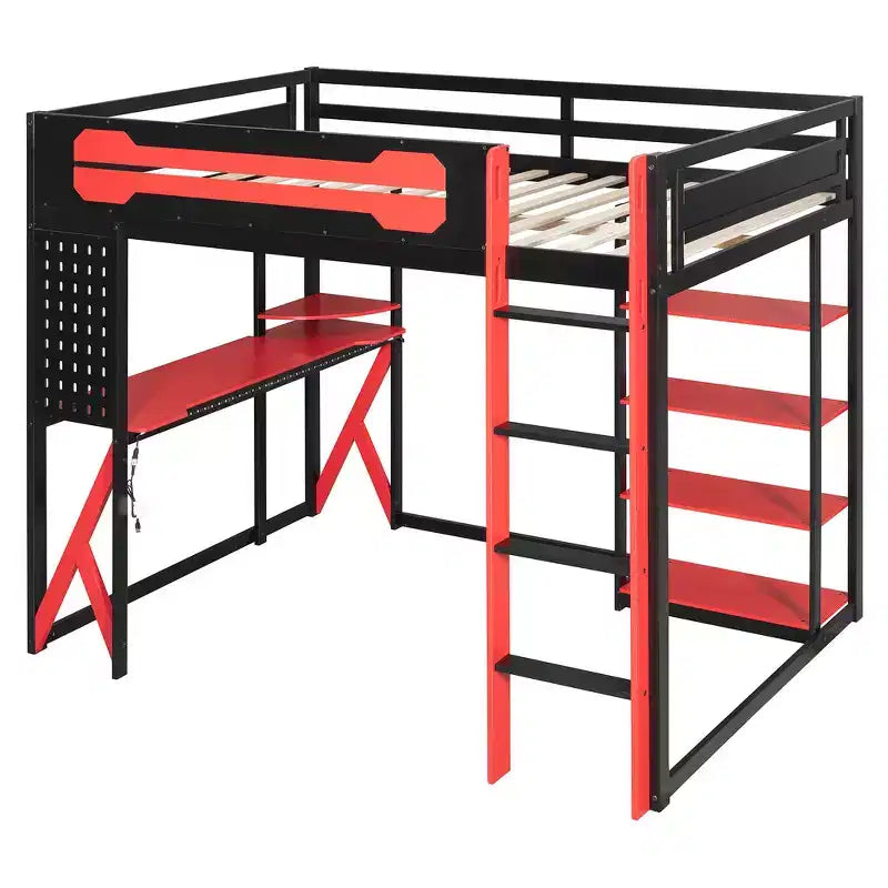 Full Wood Loft Bed Frame with Desk, Shelves, Power Outlet & USB/Type-C Ports