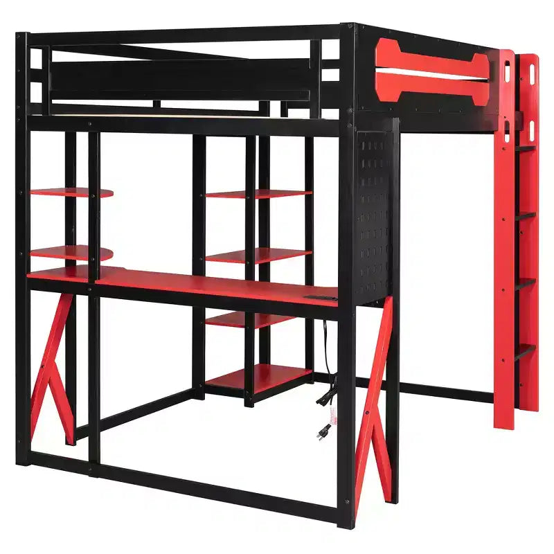 Full Wood Loft Bed Frame with Desk, Shelves, Power Outlet & USB/Type-C Ports