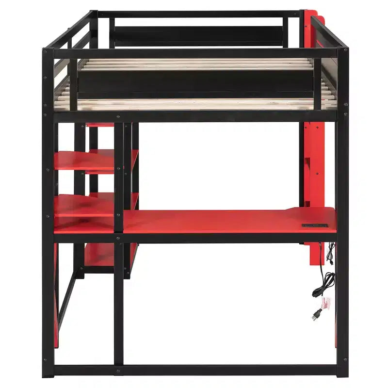 Full Wood Loft Bed Frame with Desk, Shelves, Power Outlet & USB/Type-C Ports
