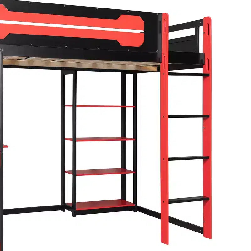 Full Wood Loft Bed Frame with Desk, Shelves, Power Outlet & USB/Type-C Ports