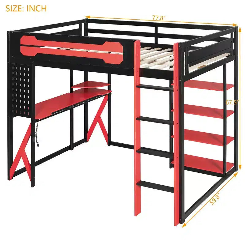 Full Wood Loft Bed Frame with Desk, Shelves, Power Outlet & USB/Type-C Ports