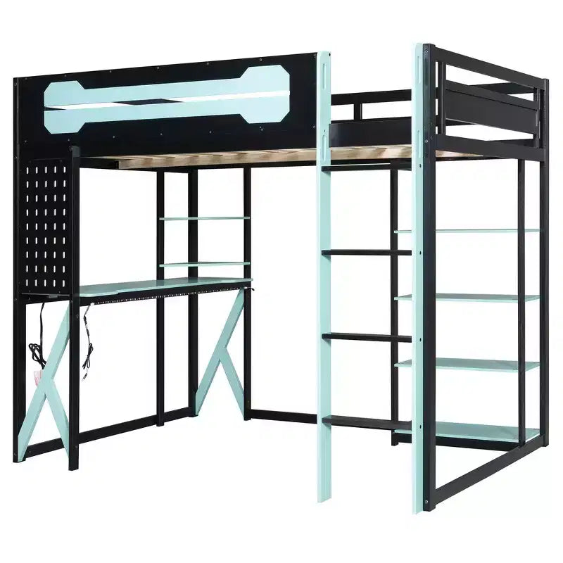 Full Wood Loft Bed Frame with Desk, Shelves, Power Outlet & USB/Type-C Ports