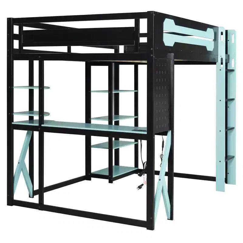 Full Wood Loft Bed Frame with Desk, Shelves, Power Outlet & USB/Type-C Ports