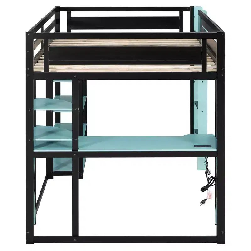 Full Wood Loft Bed Frame with Desk, Shelves, Power Outlet & USB/Type-C Ports