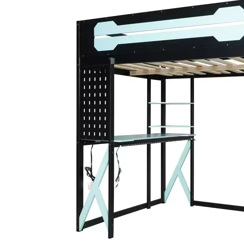 Full Wood Loft Bed Frame with Desk, Shelves, Power Outlet & USB/Type-C Ports