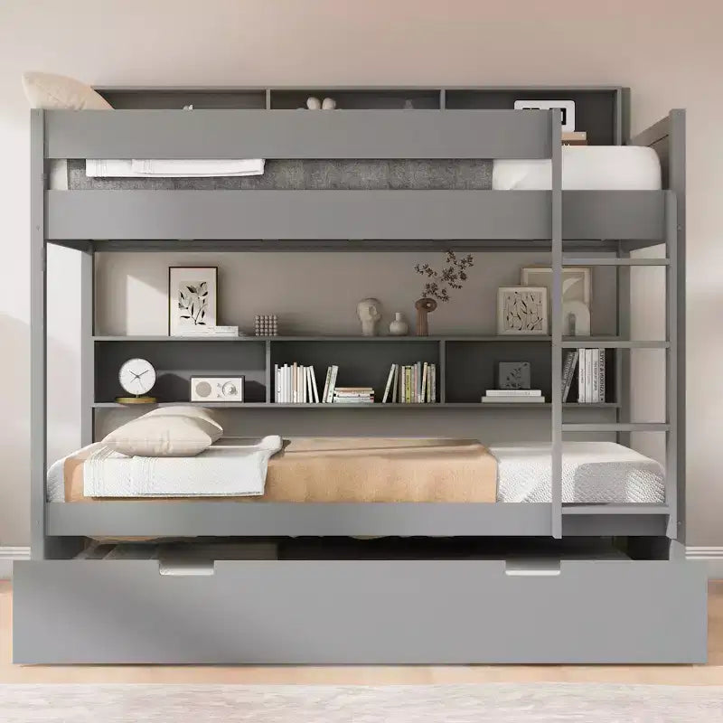 Bunk Bed with Trundle and Built-In Storage Shelves