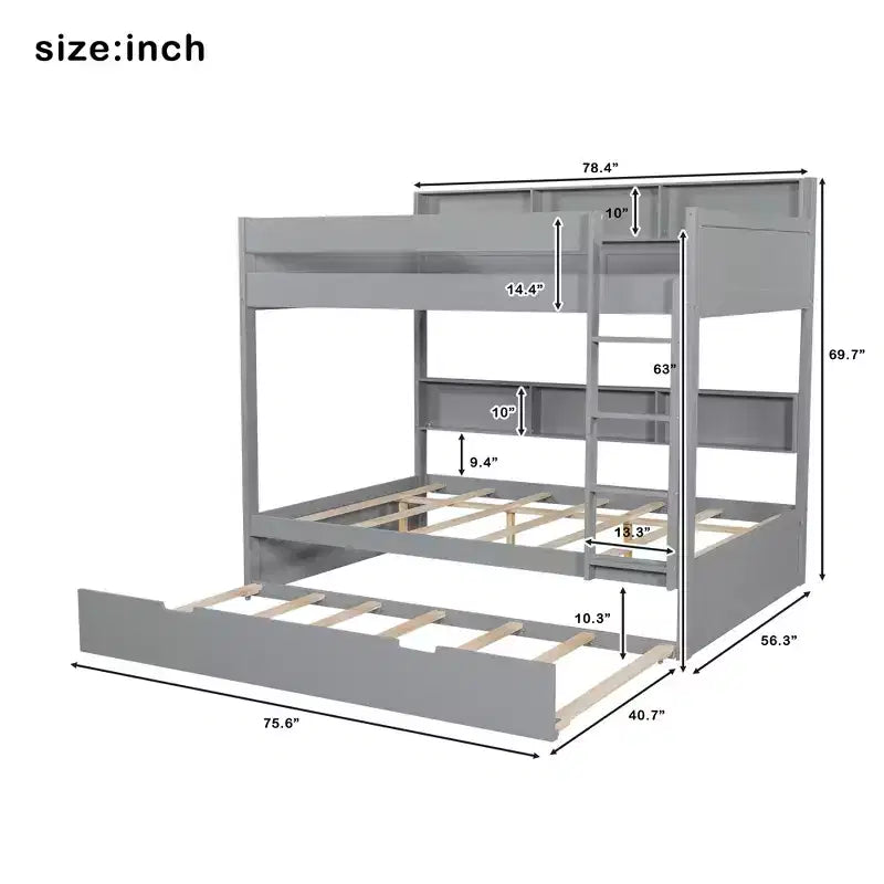 Bunk Bed with Trundle and Built-In Storage Shelves