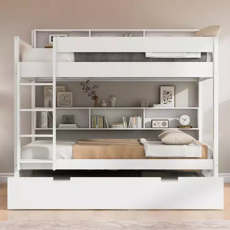 Bunk Bed with Trundle and Built-In Storage Shelves