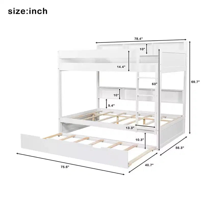 Bunk Bed with Trundle and Built-In Storage Shelves