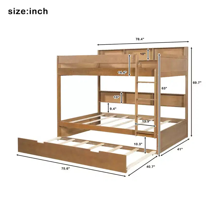 Bunk Bed with Trundle and Built-In Storage Shelves