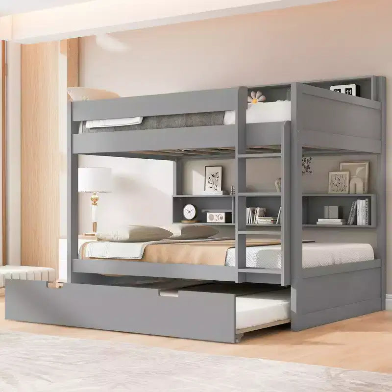 Bunk Bed with Trundle and Built-In Storage Shelves