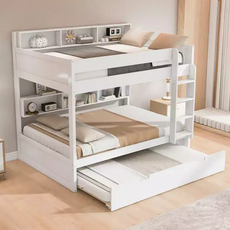 Bunk Bed with Trundle and Built-In Storage Shelves
