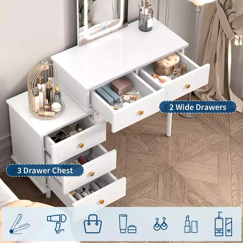 Makeup Vanity Desk with Mirror and Lights, Modern White Vanity Table with 2 Drawers & Adjustable 3-Drawer Cabinet