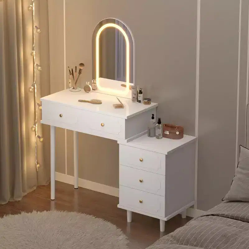 Makeup Vanity Desk with Mirror and Lights, Modern White Vanity Table with 2 Drawers & Adjustable 3-Drawer Cabinet